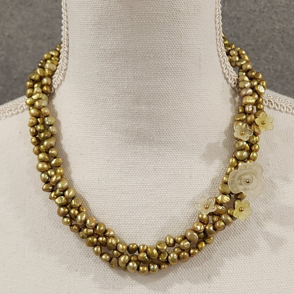 Triple Strand‎ Golden Pearl Necklace with Frosted Flowers